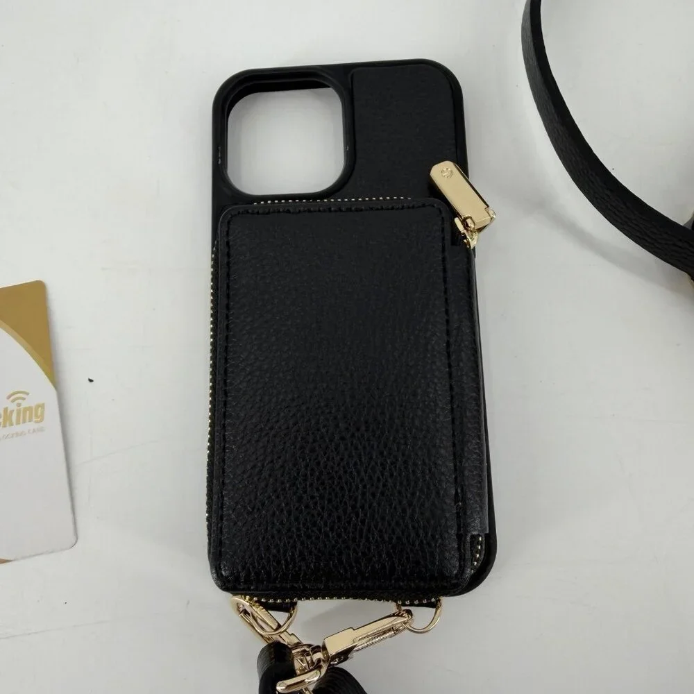 ZVE Leather Card Holder Crossbody Ipone 13 Pro Max RFID Blocking Cover Black